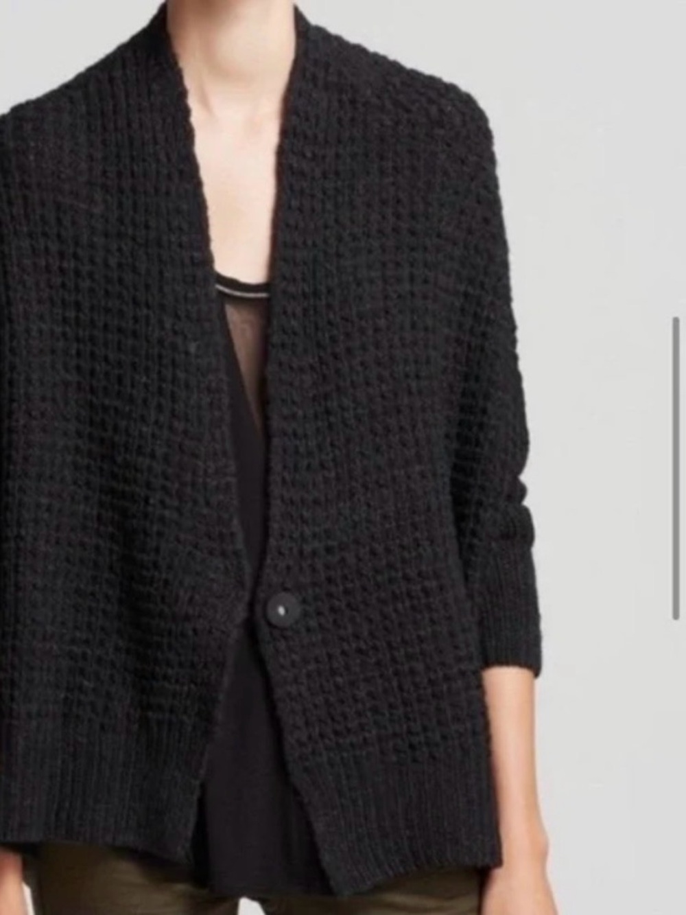 Black Waffle-Knit Open Cardigan Sweater